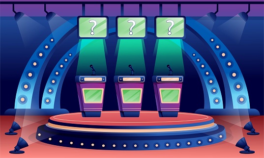 Quiz game stage interior design background. Competition with questions. Television trivia show vector illustration. Three stands with microphones in spotlight, screens with questions.